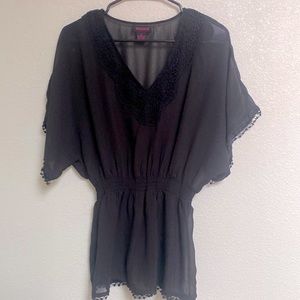 Mimmer Black Sexy & Sheer Boho Sleeve Blouse with Fringe and Elastic waistband